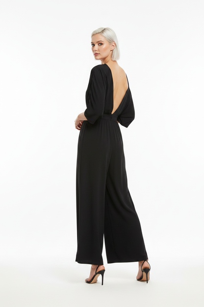 Backless Wide-Leg Jumpsuit with Ruched Waist by Jamota One-Pieces Jumpsuits