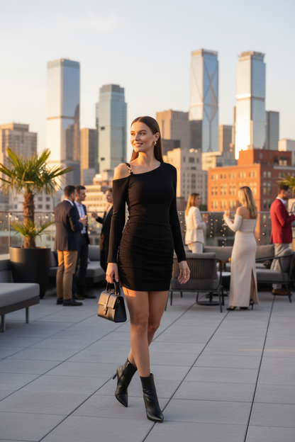 Black Bodycon Dress with Cold-Shoulder Chain Strap - Jamota