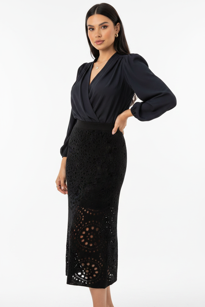 Black Crochet Midi Skirt with Pockets by Jamota Skirts Skirts