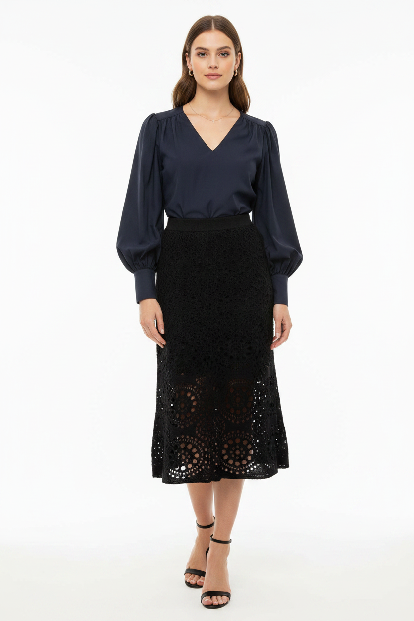 Black Crochet Midi Skirt with Pockets by Jamota Skirts Skirts