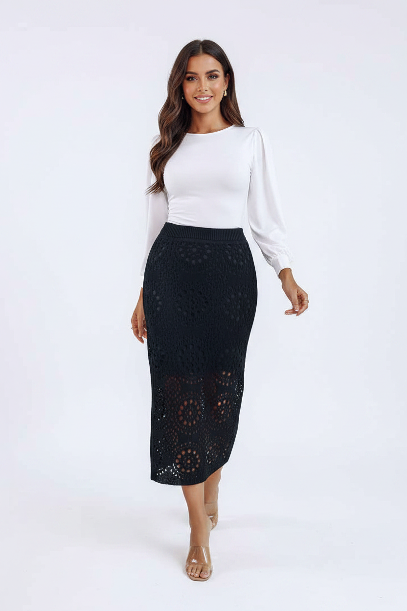 Black Crochet Midi Skirt with Pockets by Jamota Skirts Skirts