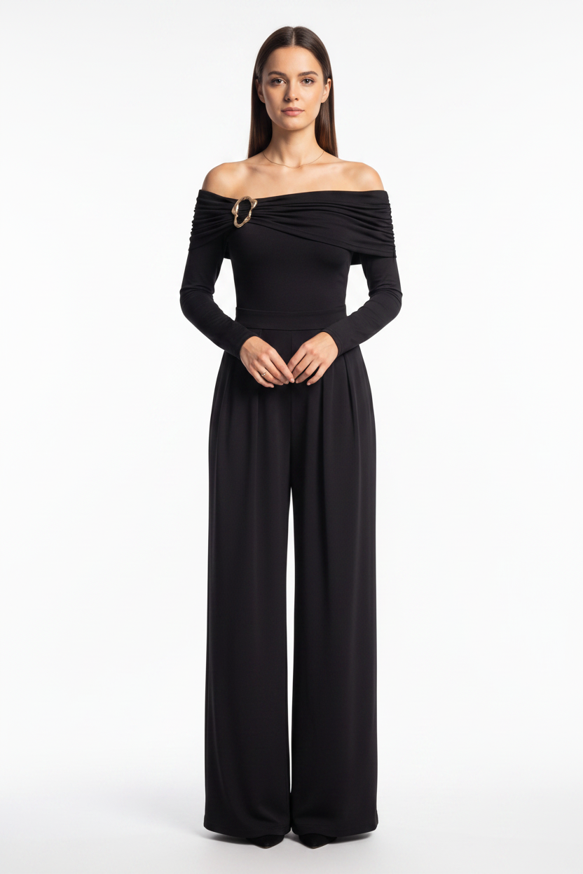 Elegant Off-Shoulder Dressy Jumpsuit for Women with Pockets & Belt - Jamota