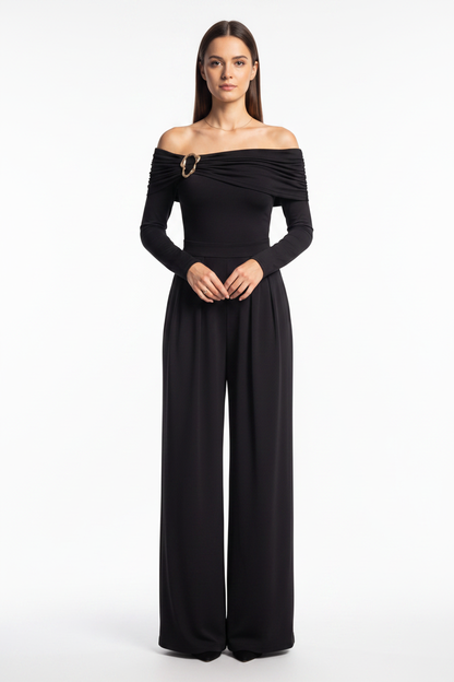 Elegant Off-Shoulder Dressy Jumpsuit for Women with Pockets & Belt - Jamota
