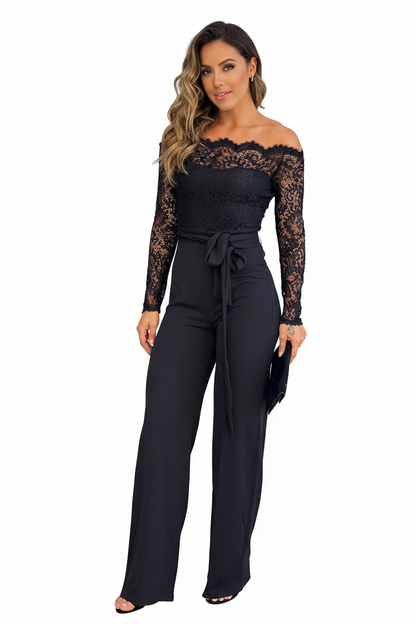 Elegant Black Slim Fit Jumpsuit with Belted Waist and Pockets by Jamota One-Pieces Women's Jumpsuits & Rompers