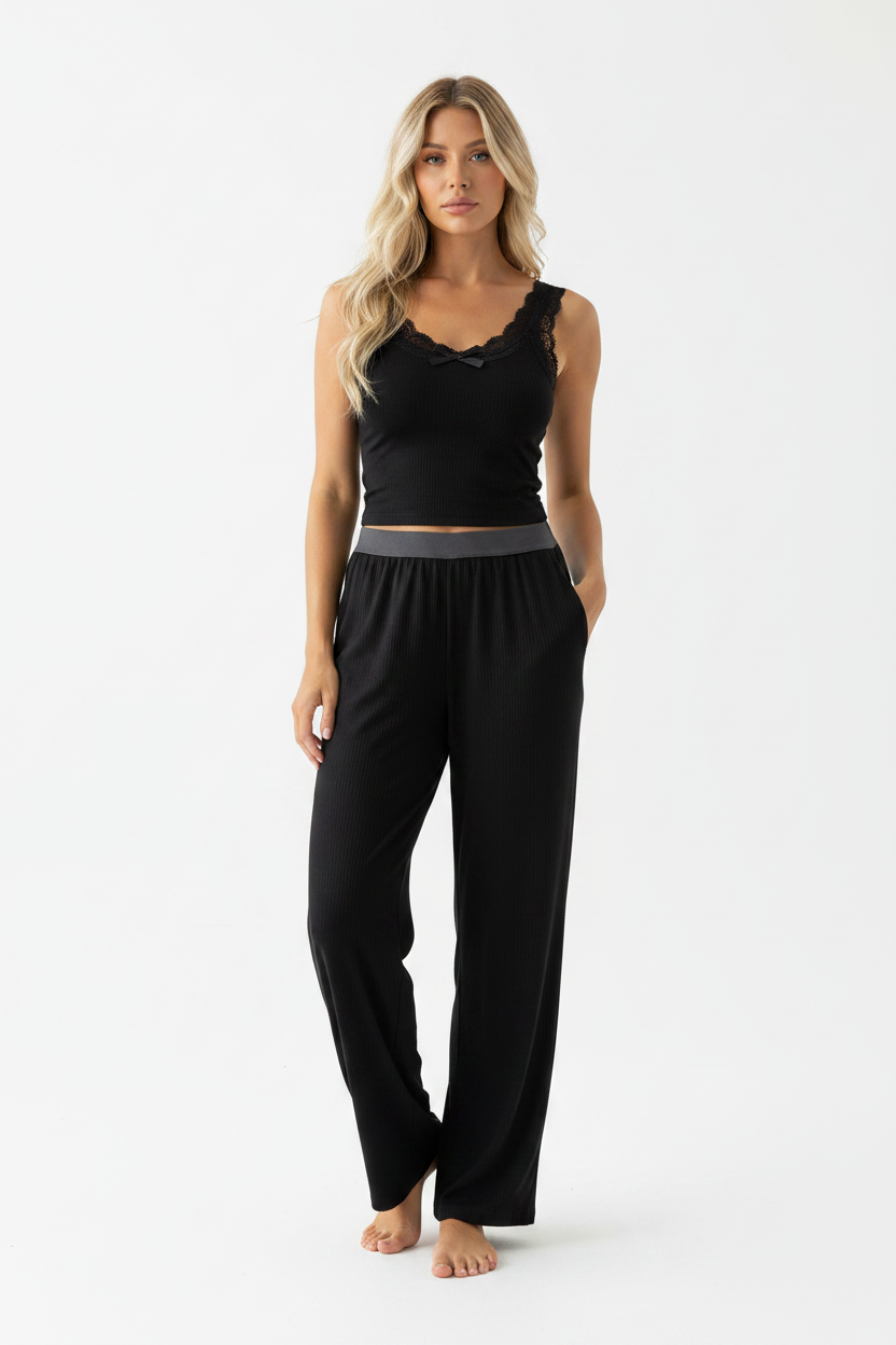 Women's Ribbed Pajama Set with Lace Accents | Soft & Comfortable Loung by Jamota Pajamas Women's Sleepwear & Loungewear