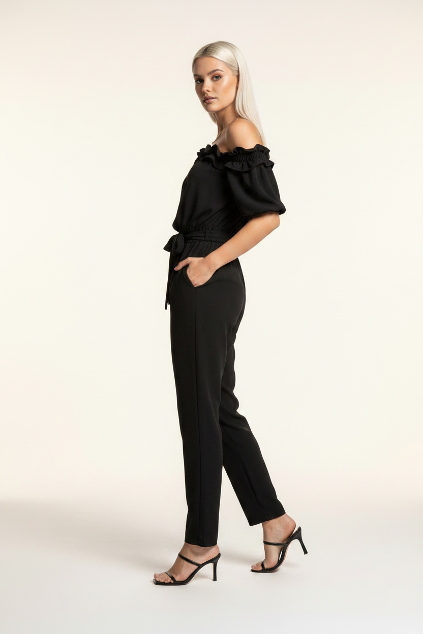 Off-Shoulder Jumpsuit with Frill Trim and Pockets by Jamota One-Pieces Jumpsuits