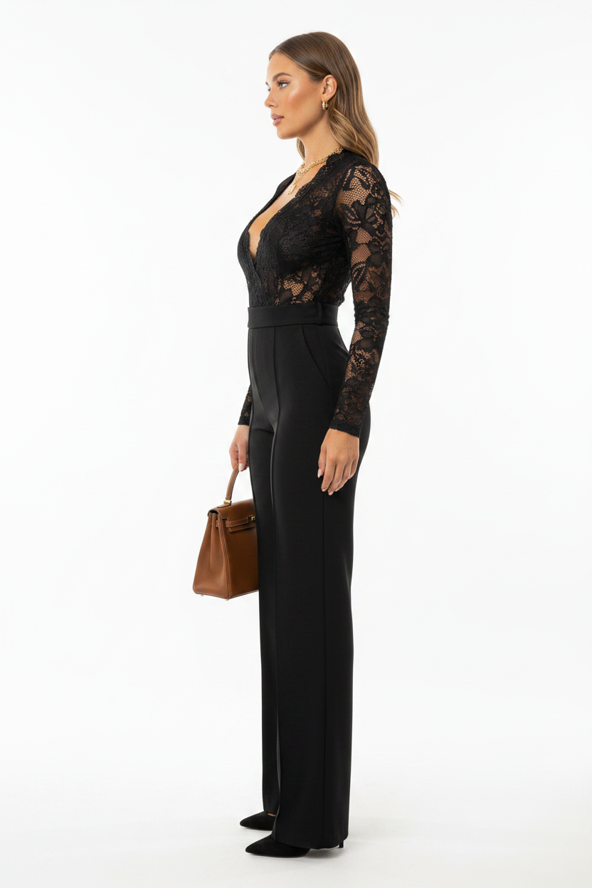 Elegant Floral Lace Jumpsuit with Pockets and Adjustable Straps by Jamota One-Pieces Women's Jumpsuits & Rompers