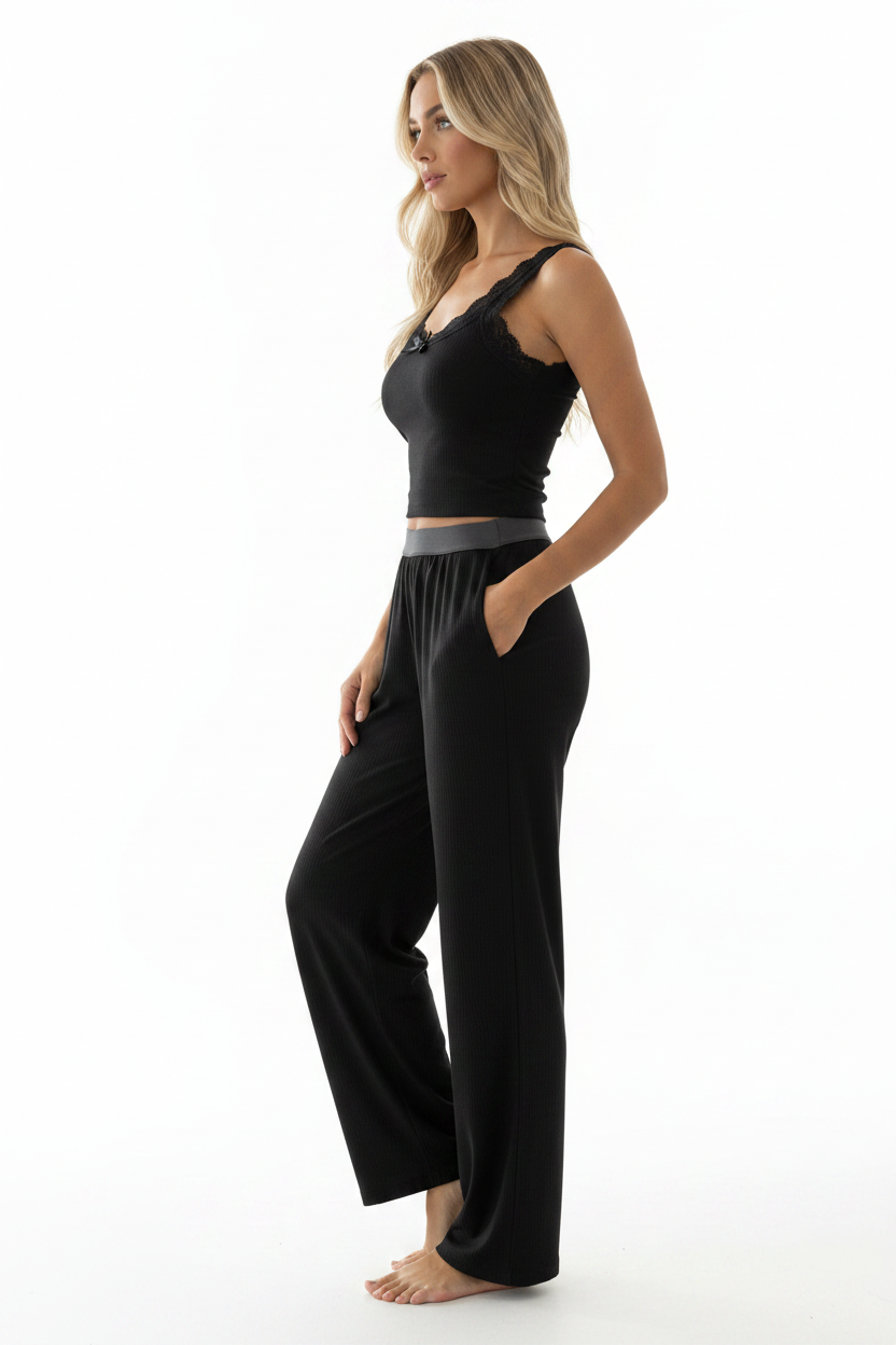 Women's Ribbed Pajama Set with Lace Accents | Soft & Comfortable Loung by Jamota Pajamas Women's Sleepwear & Loungewear
