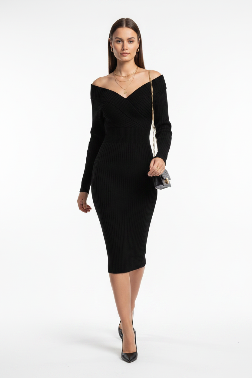 Elegant Slim Fit Bodycon Sweater Dress with Long Sleeves & Soft Knit by Jamota Dresses Women's Dresses