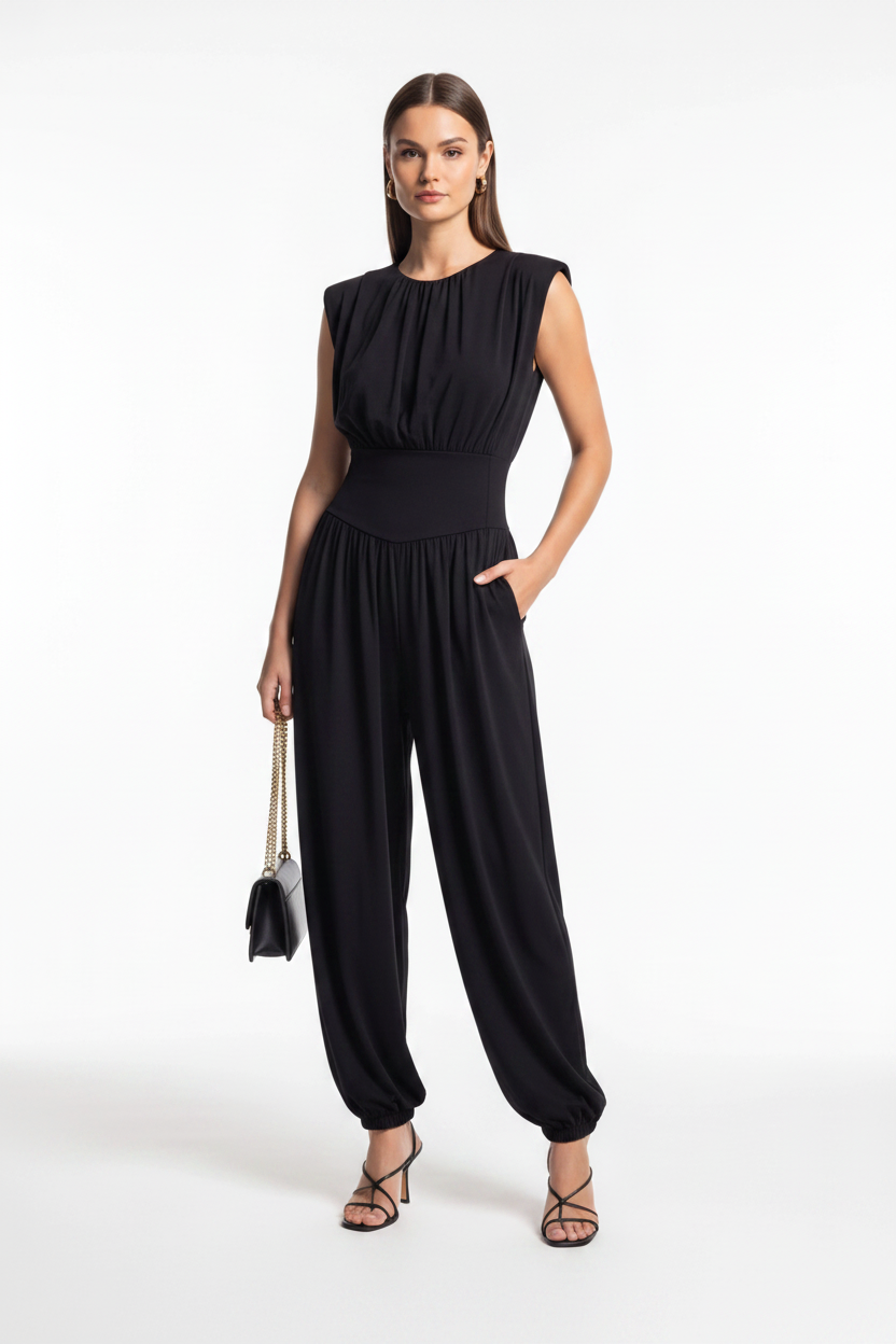 Elegant Casual Ruched Jumpsuit with Adjustable Straps & Pockets - Jamota