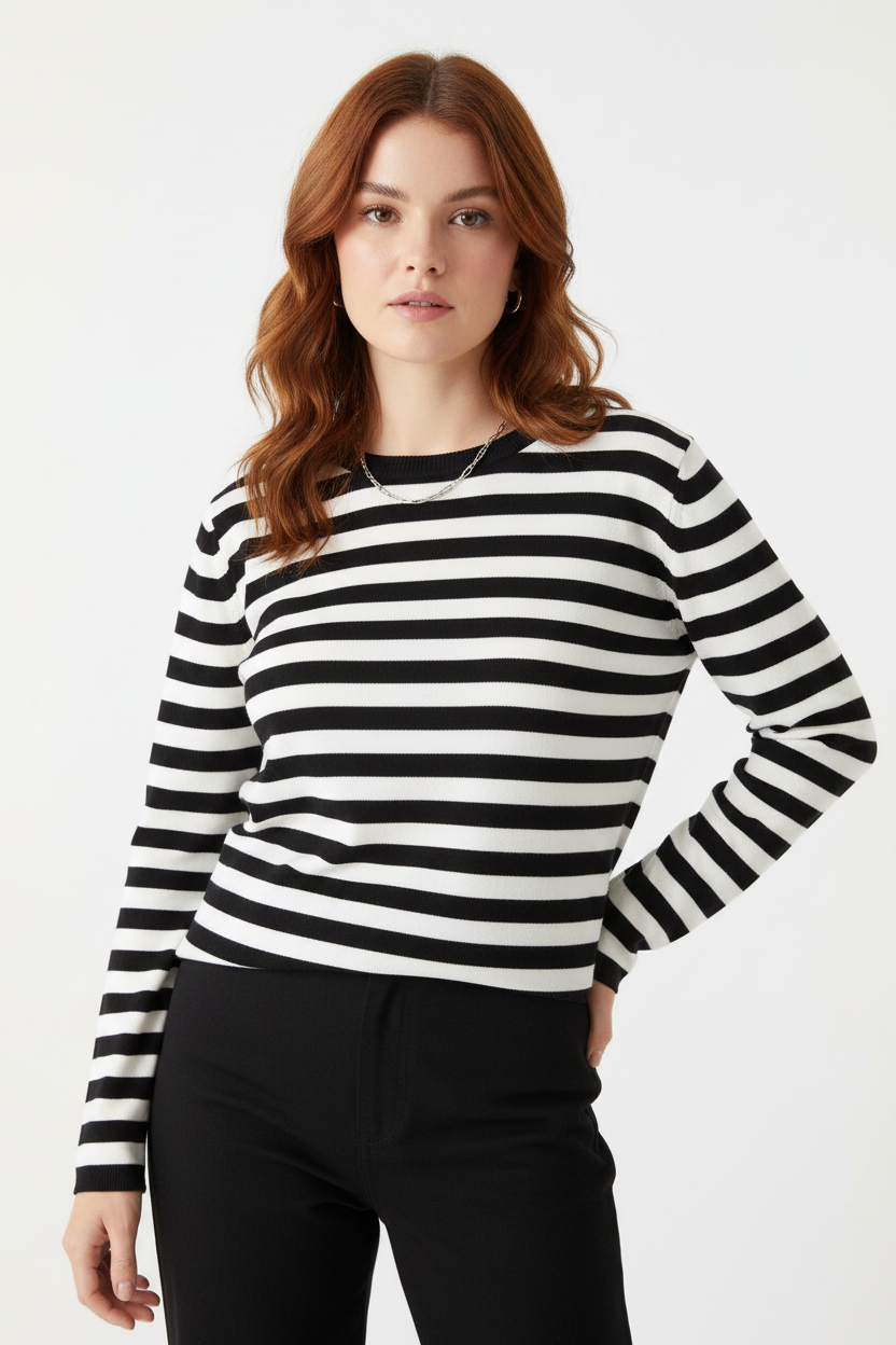 Stylish Black and White Striped Women's Top with Comfortable Fit by Jamota T-Shirts T-Shirts