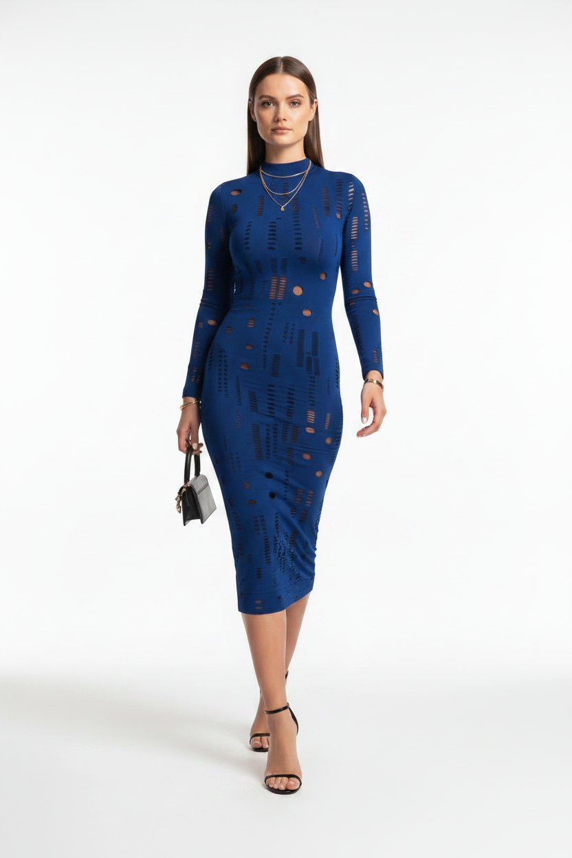 Mock Neck Bodycon Dress with Hollow-Out Panels - Jamota
