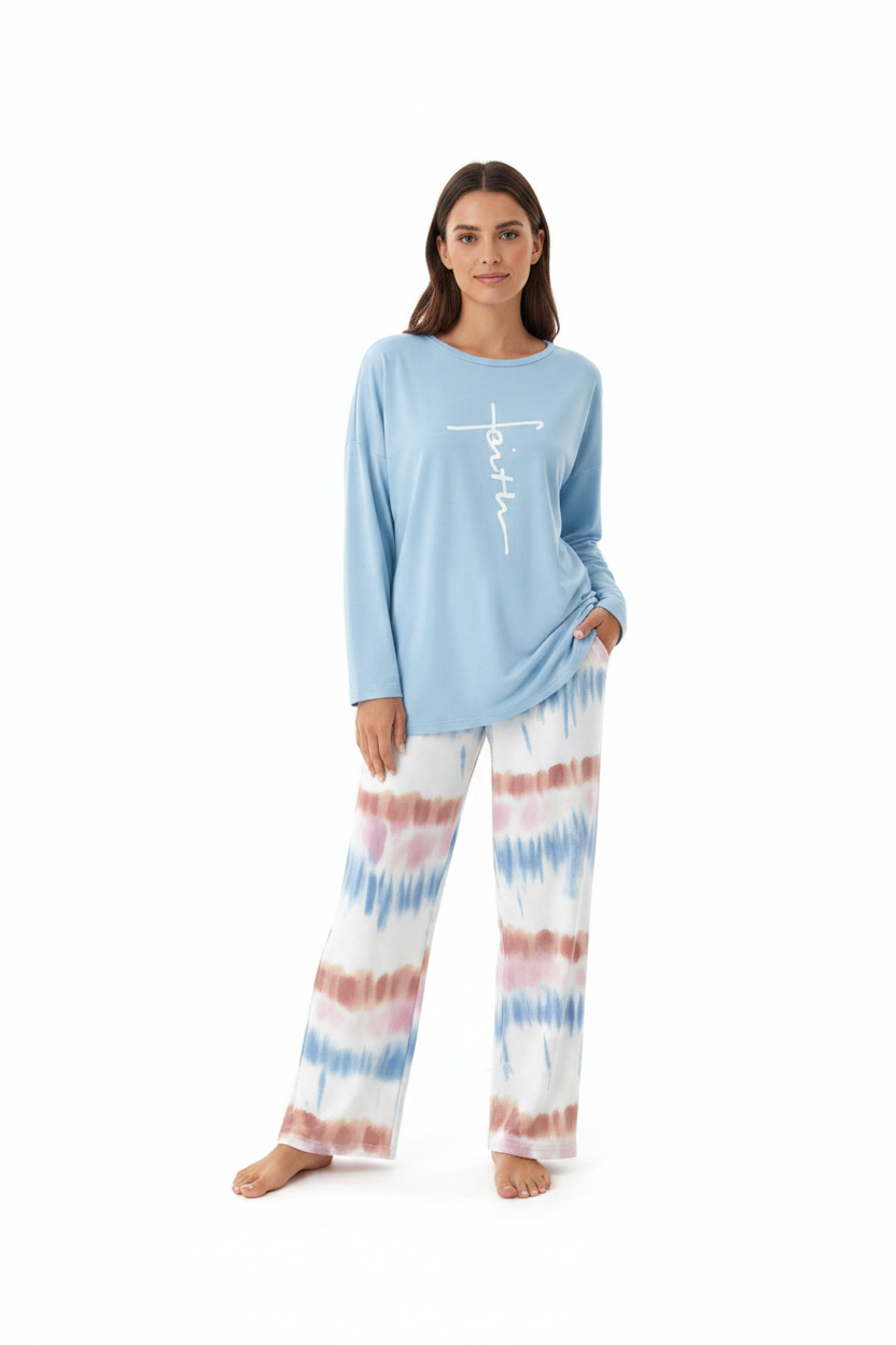Multicolor Pajama Set Soft Long Sleeve Ombre Pants All Day Comfort Polyester Elastane Blend by Jamota Pajamas Pajamas