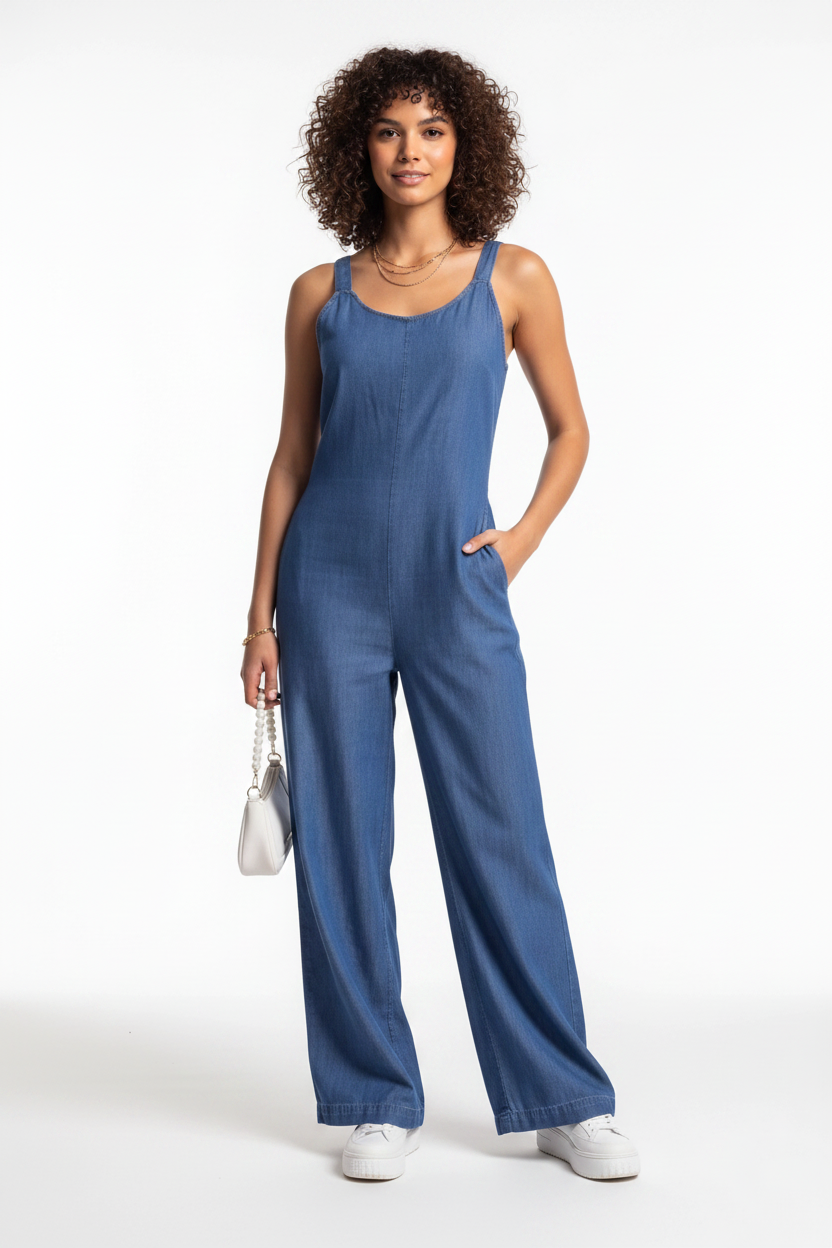 Wide-Leg Denim Jumpsuit with Adjustable Straps - Jamota