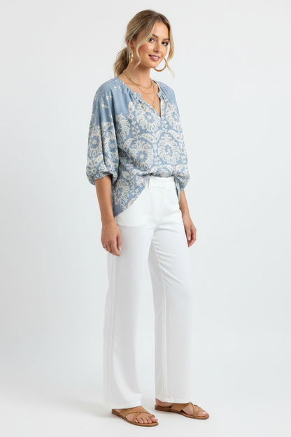 Floral Print Cotton-Blend Blouse with Long Sleeves - Jamota