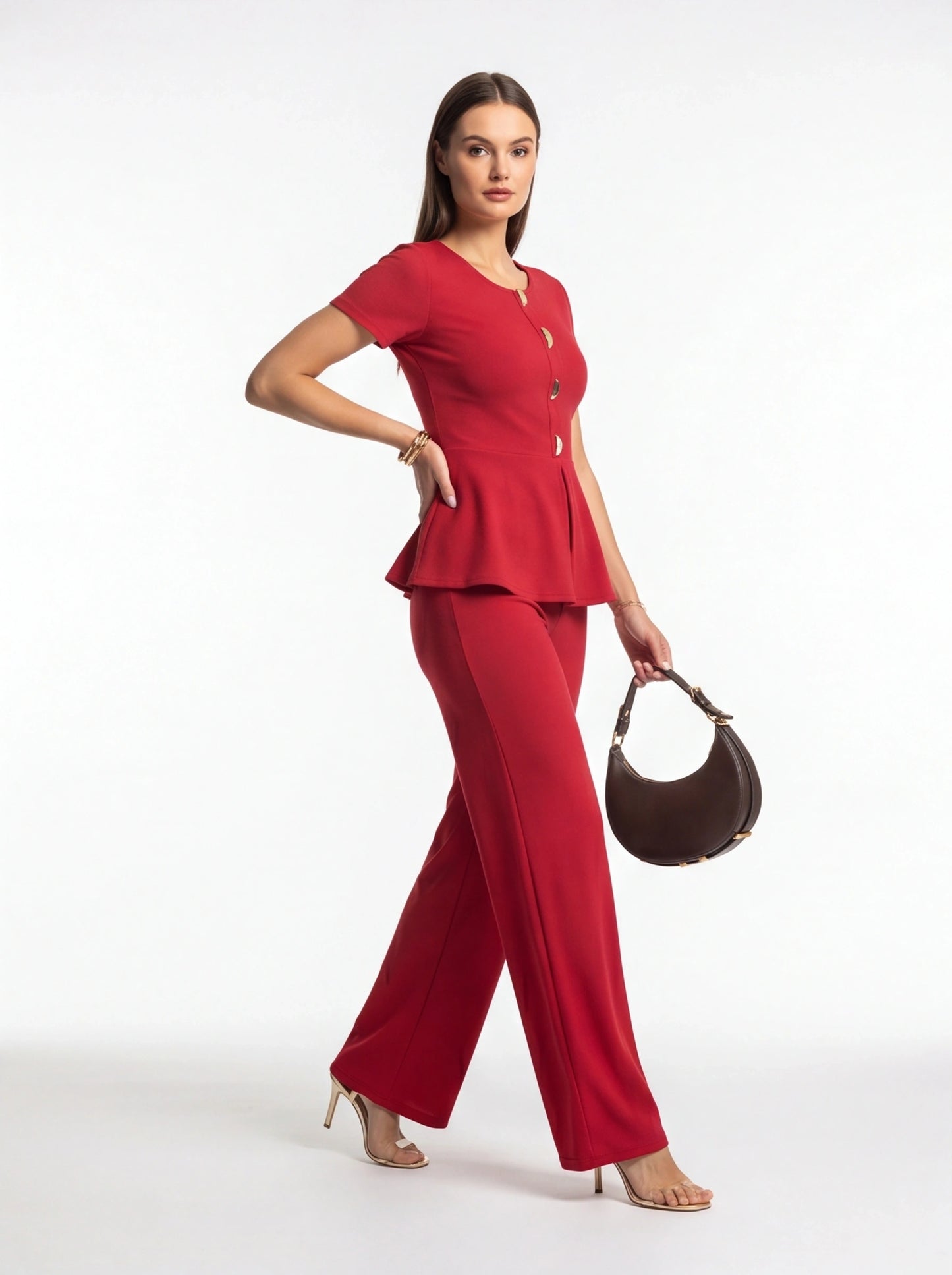 Wide-Leg Jumpsuit with Peplum Waist and Short Sleeves - Jamota