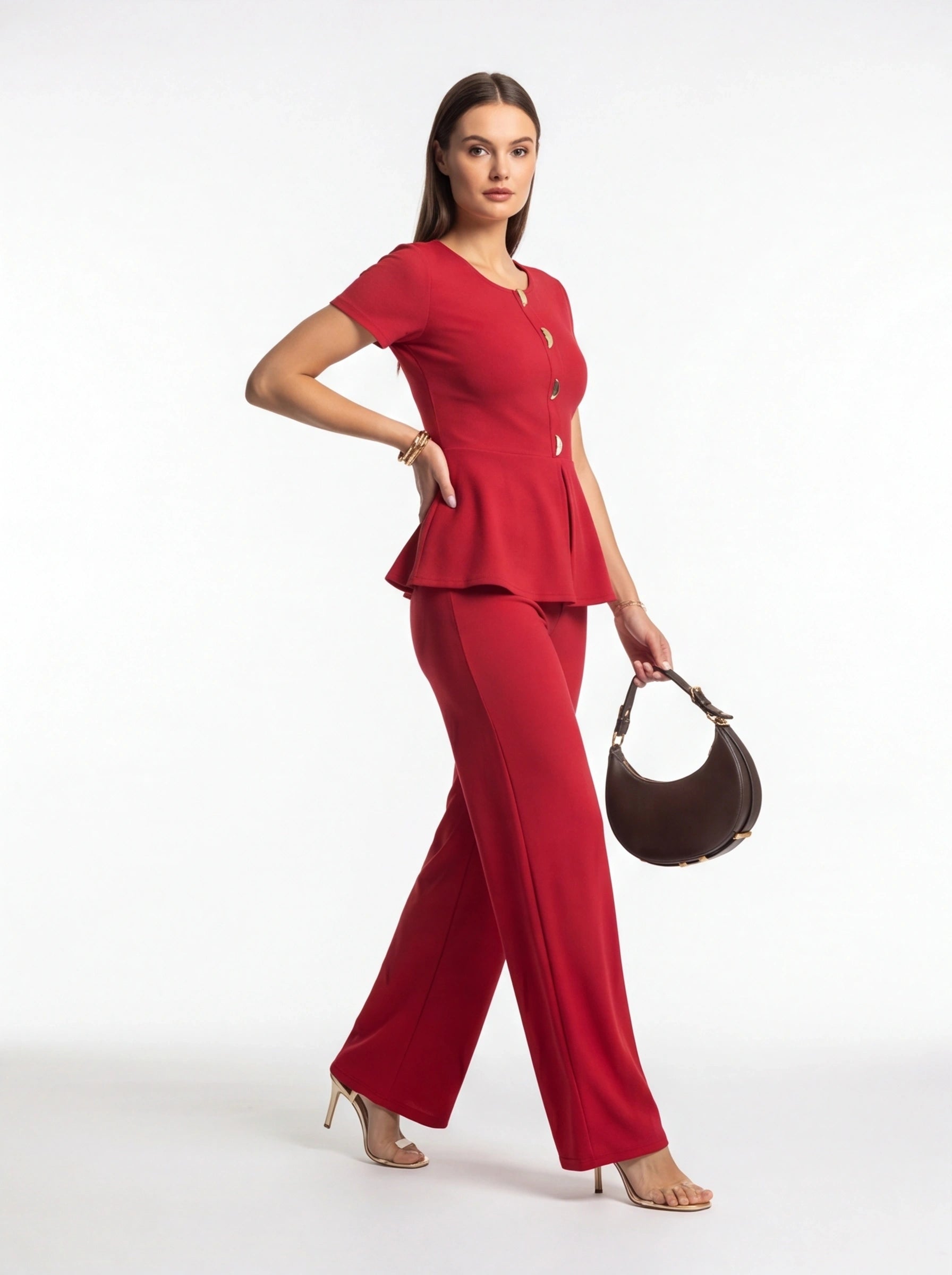 Wide-Leg Jumpsuit with Peplum Waist and Short Sleeves - Jamota