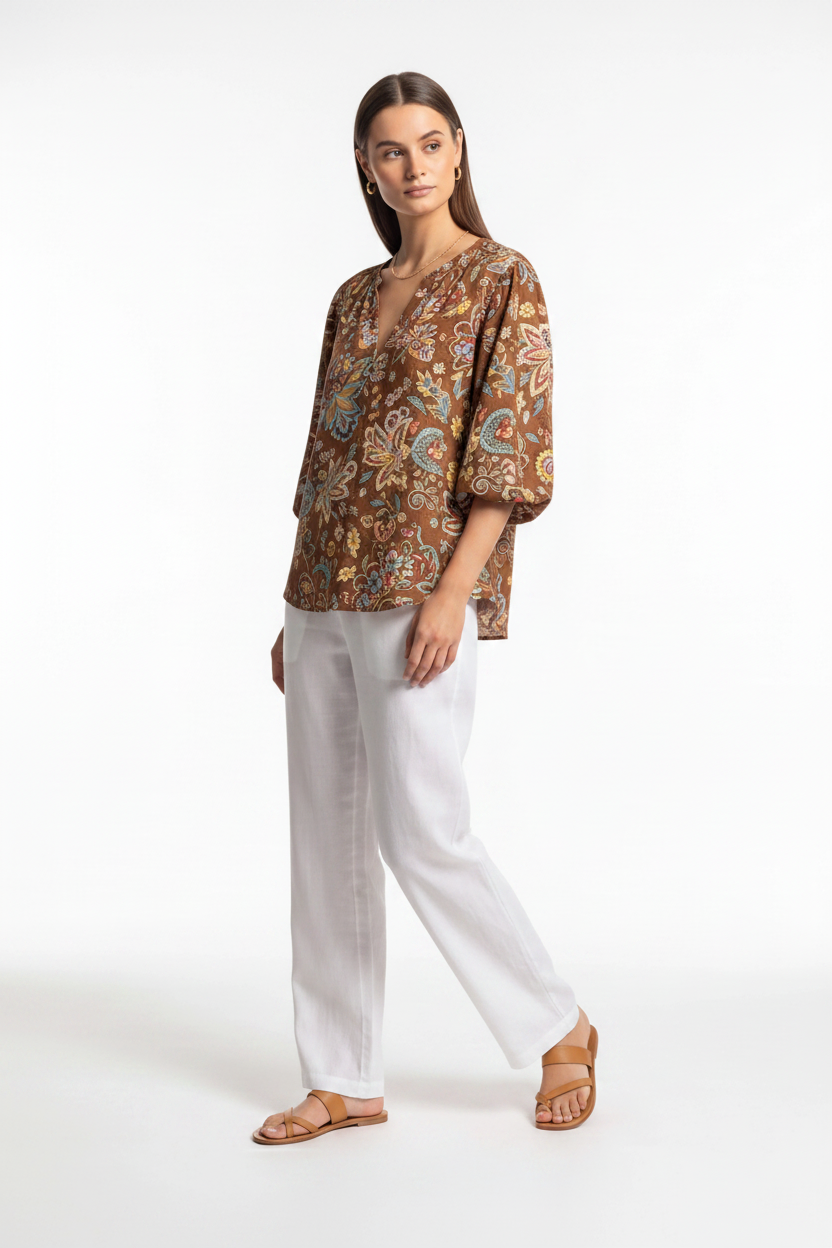 Floral Print Cotton-Blend Blouse with Long Sleeves - Jamota