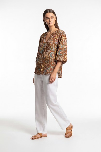Floral Print Cotton-Blend Blouse with Long Sleeves - Jamota