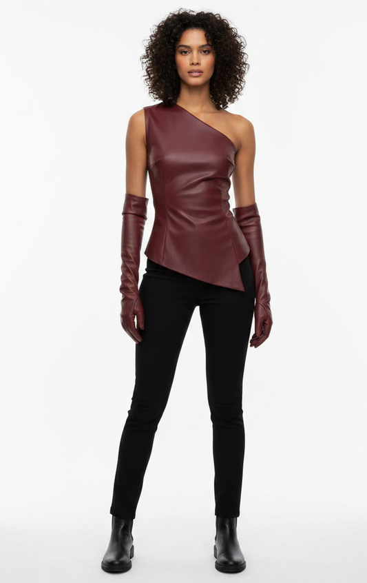 Bold Elegant Eco Leather Top with Gloves - Professional Style by Jamota Blouses Blouses & Shirts