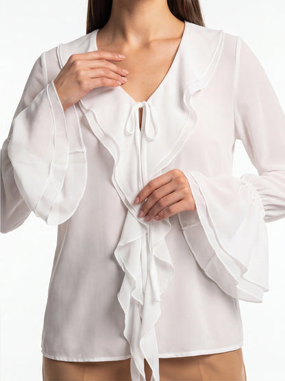 Ruffled Chiffon Blouse with Bell Sleeves and Tie Front - Jamota