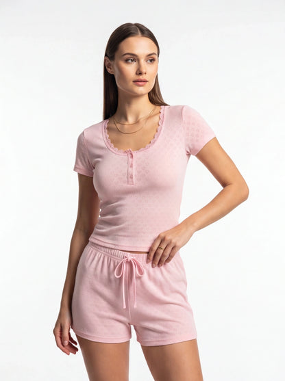 Chic Heart Pajama Set | Lace Trim & Soft Stretch Fabric for Comfort