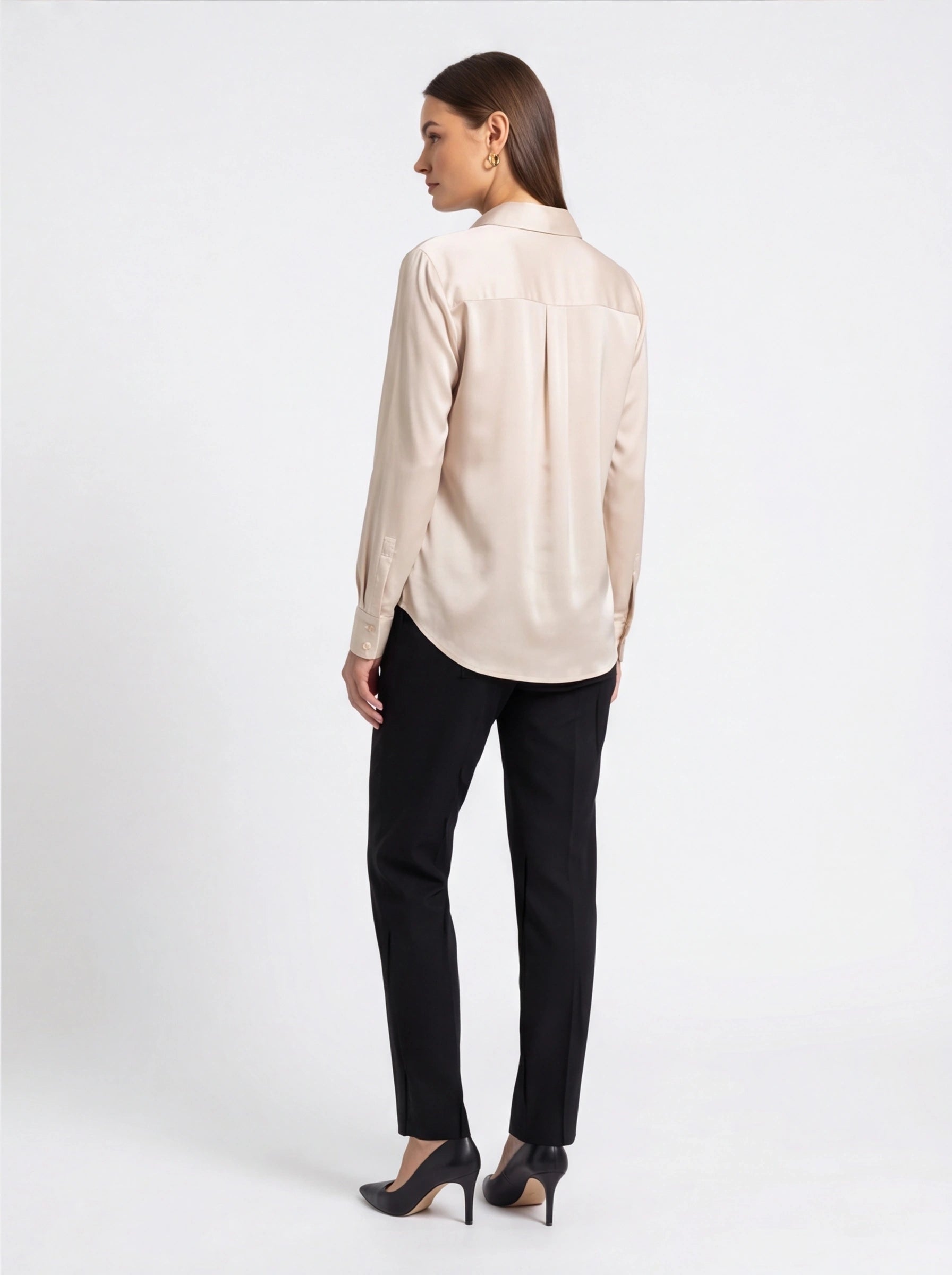 Beige Satin Blouse with Classic Collar - Jamota