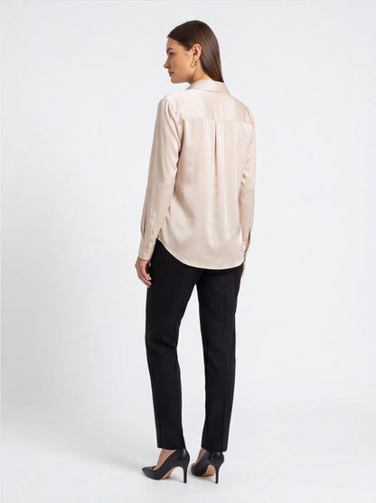 Beige Satin Blouse with Classic Collar - Jamota