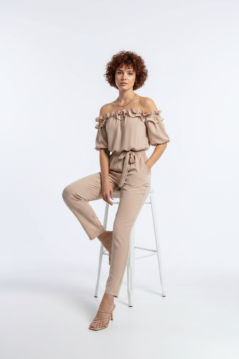 Off-Shoulder Jumpsuit with Frill Trim and Pockets by Jamota One-Pieces Jumpsuits