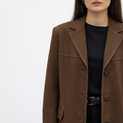 Elegant Brown Tailored Blazer with Padded Shoulders and Slim Fit by Jamota Blouses Women's Blazers