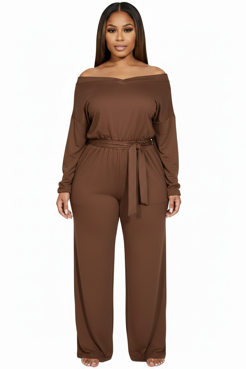 Black Off-Shoulder Wide-Leg Jumpsuit with Pockets by Jamota One-Pieces Jumpsuits