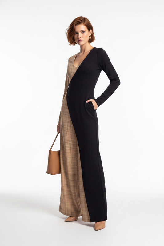 Colorblock Wide-Leg Jumpsuit with V-Neck by Jamota One-Pieces Jumpsuits