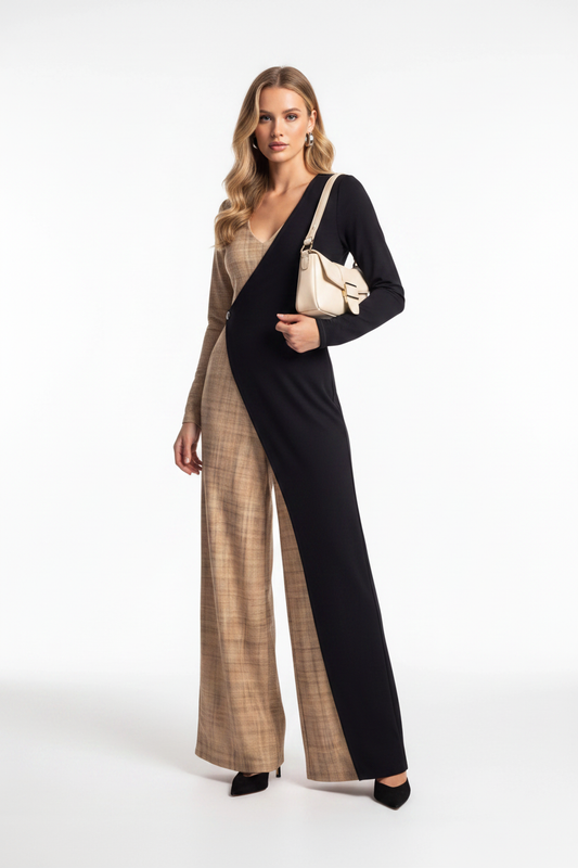 Colorblock Wide-Leg Jumpsuit with V-Neck by Jamota One-Pieces Jumpsuits