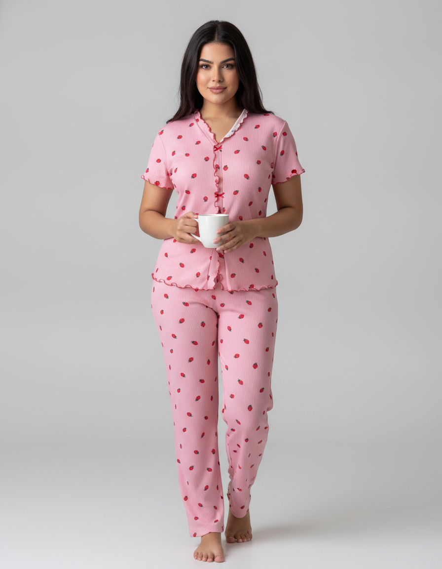 Cozy Strawberry Print Pajama Set with Stand Collar for Women - Jamota
