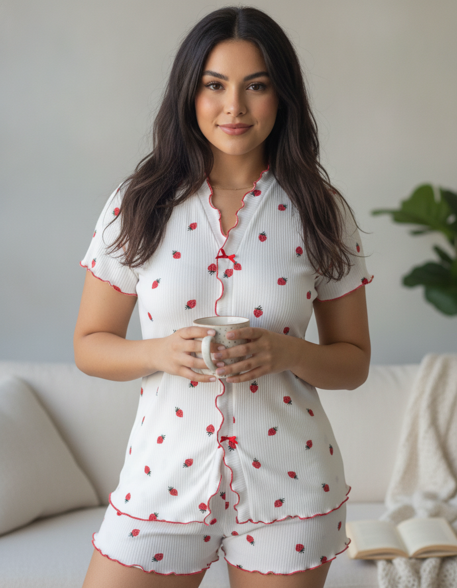 Cozy Strawberry Print Pajama Set with Stand Collar for Women - Jamota