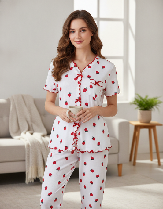 Cozy Strawberry Print Pajama Set with Stand Collar for Women - Jamota