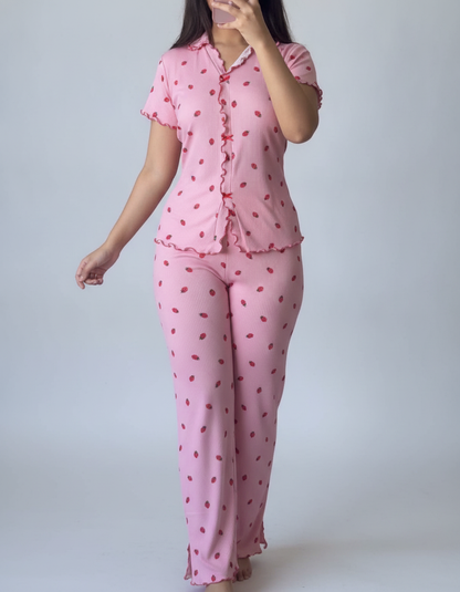 Cozy Strawberry Print Pajama Set with Stand Collar for Women - Jamota