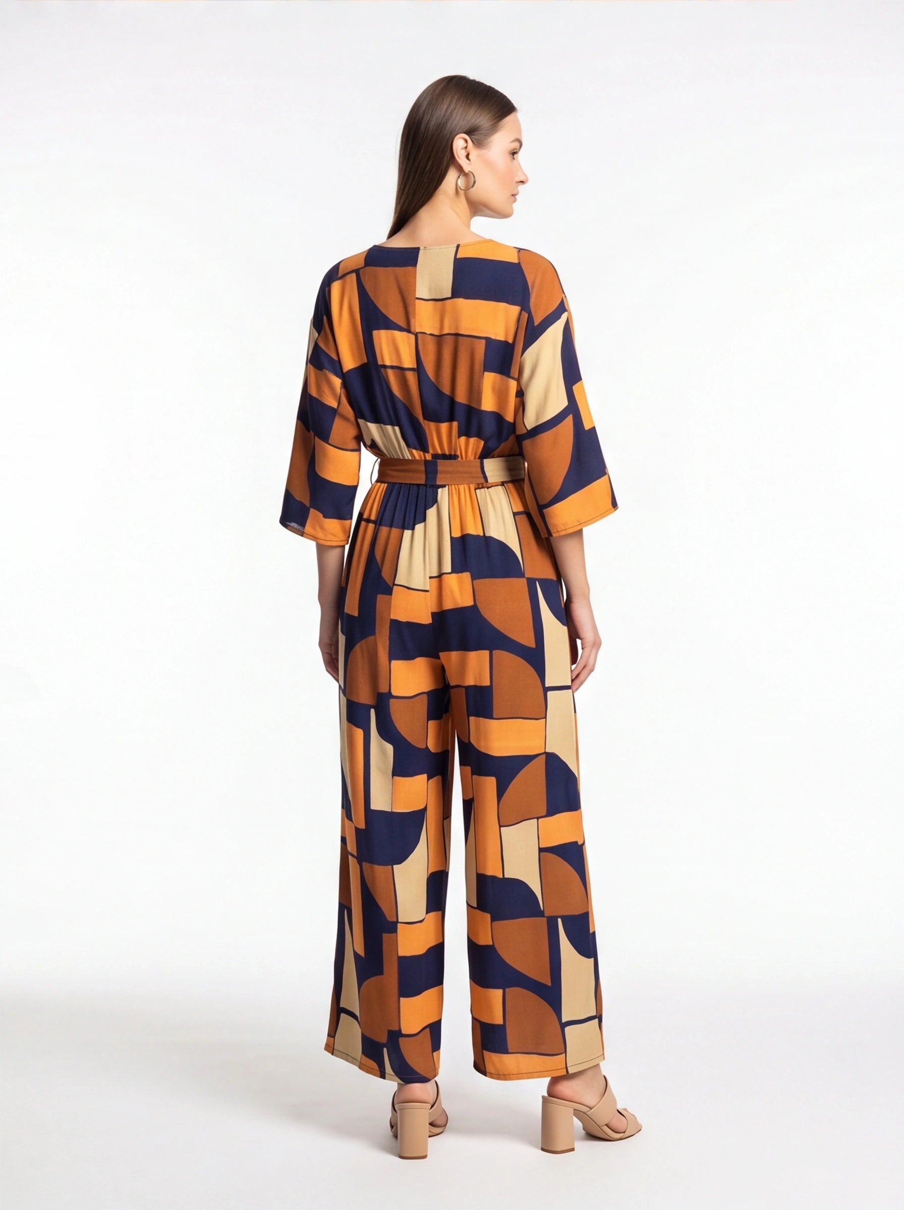 Chic Colorblock Geometric Jumpsuit with Belted Waist and Pockets by Jamota One-Pieces Jumpsuits & Rompers