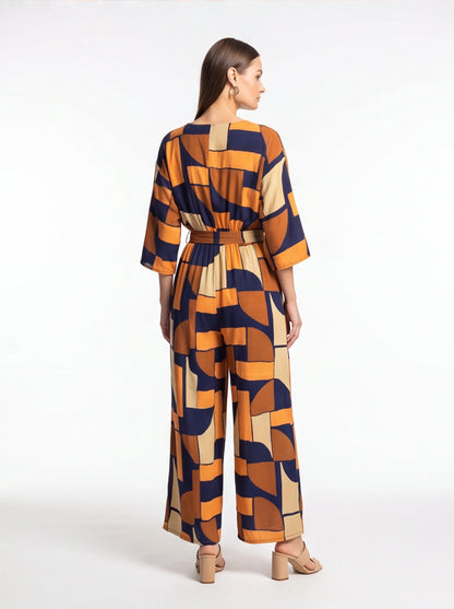 Chic Colorblock Geometric Jumpsuit with Belted Waist and Pockets by Jamota One-Pieces Jumpsuits & Rompers