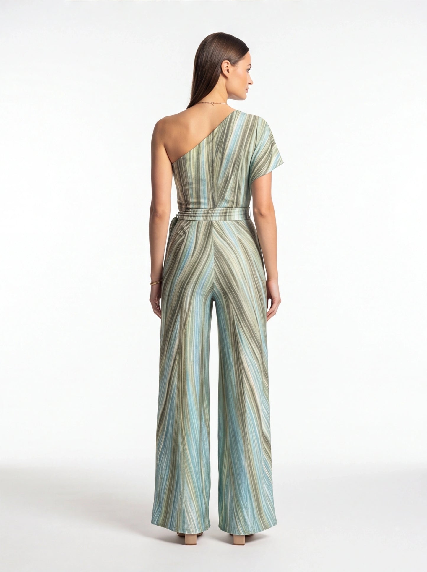 Elegant Abstract Print Wide Leg Jumpsuit with Pockets and Belted Waist by Jamota One-Pieces Jumpsuits