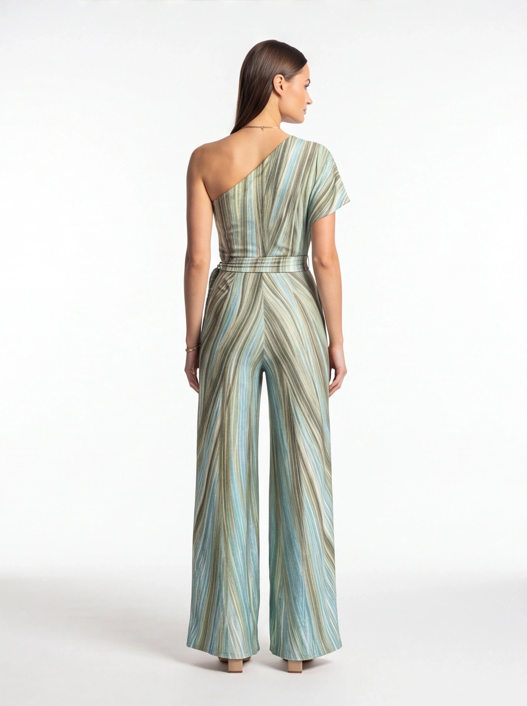Elegant Abstract Print Wide Leg Jumpsuit with Pockets and Belted Waist by Jamota One-Pieces Jumpsuits