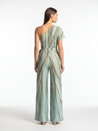 Elegant Abstract Print Wide Leg Jumpsuit with Pockets and Belted Waist by Jamota One-Pieces Jumpsuits