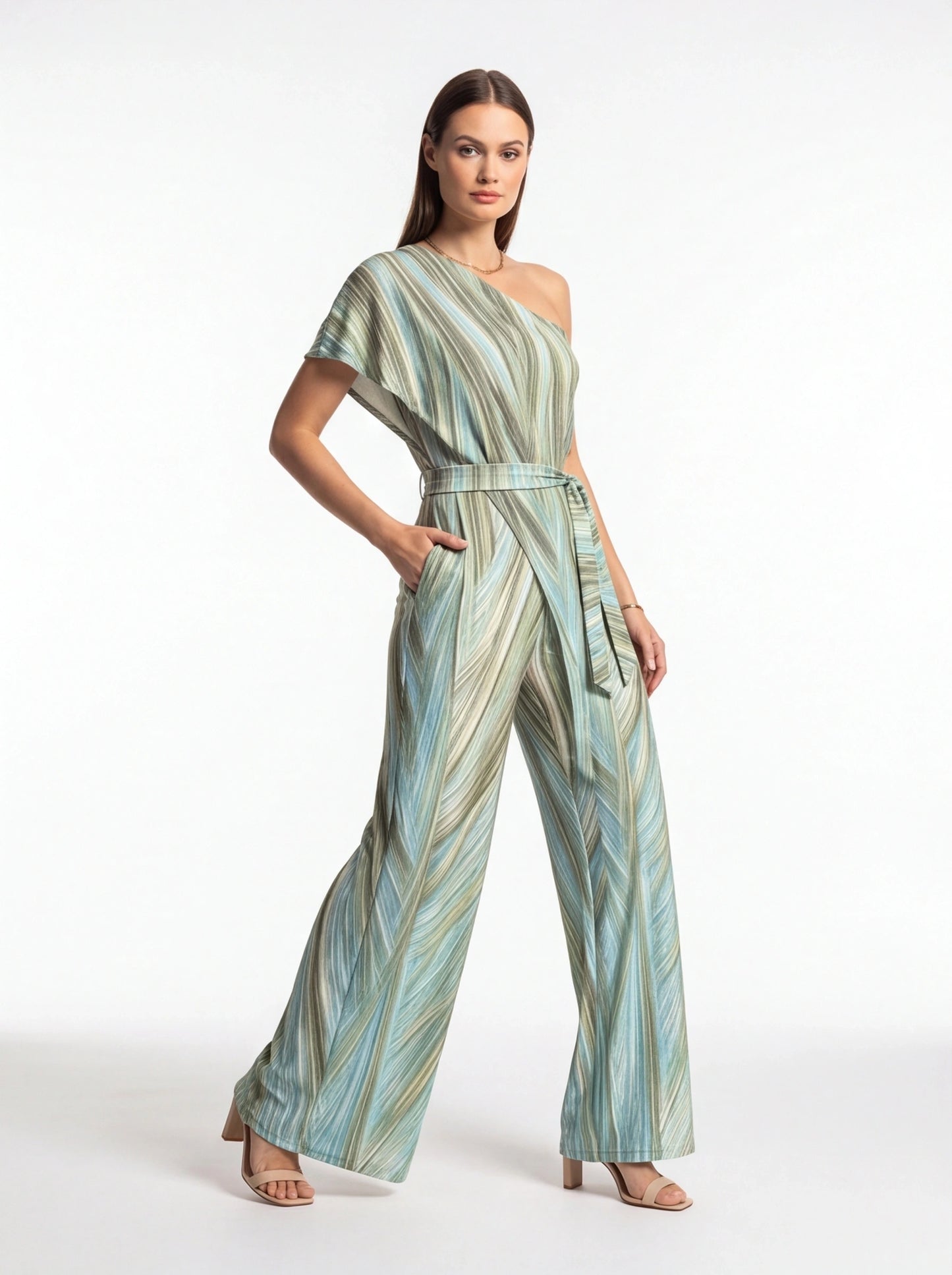 Elegant Abstract Print Wide Leg Jumpsuit with Pockets and Belted Waist by Jamota One-Pieces Jumpsuits