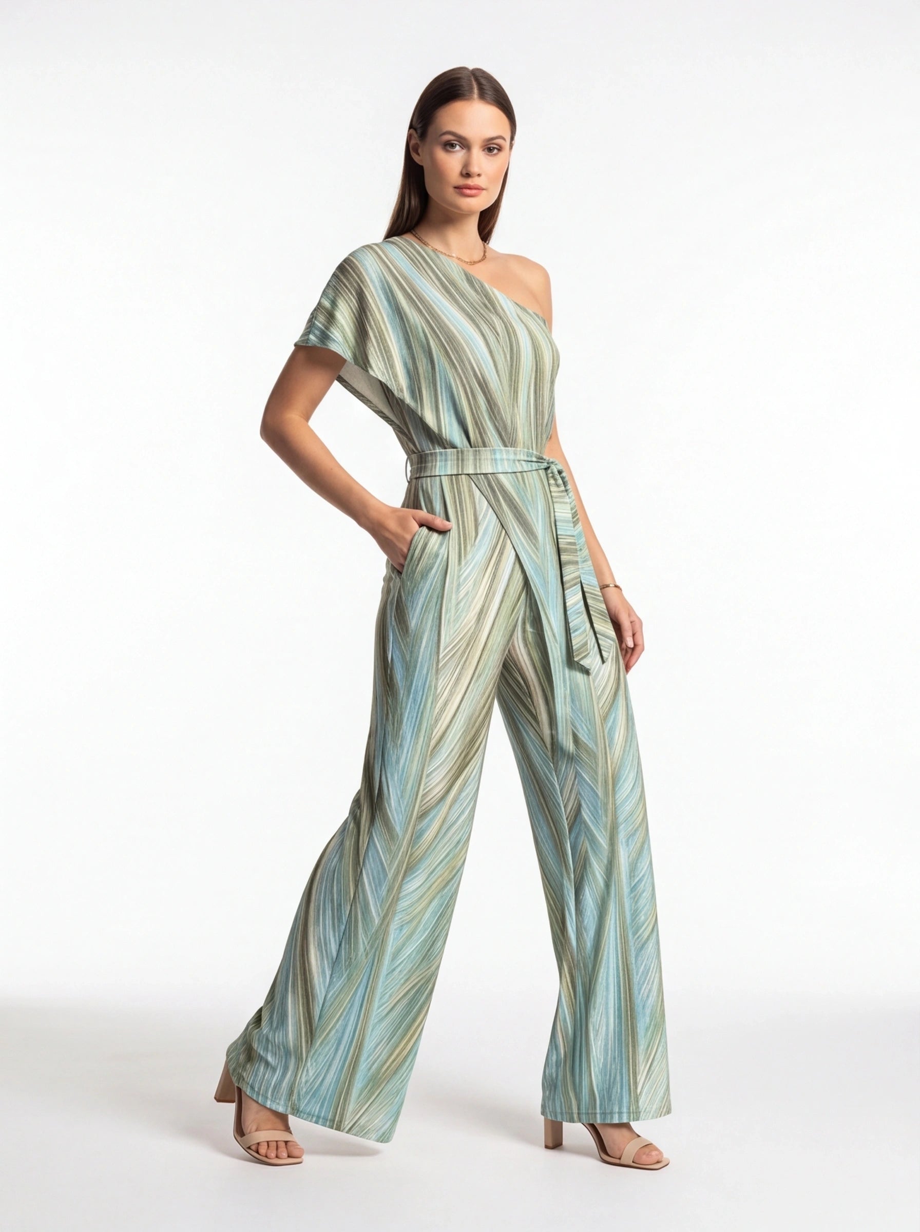 Elegant Abstract Print Wide Leg Jumpsuit with Pockets and Belted Waist by Jamota One-Pieces Jumpsuits