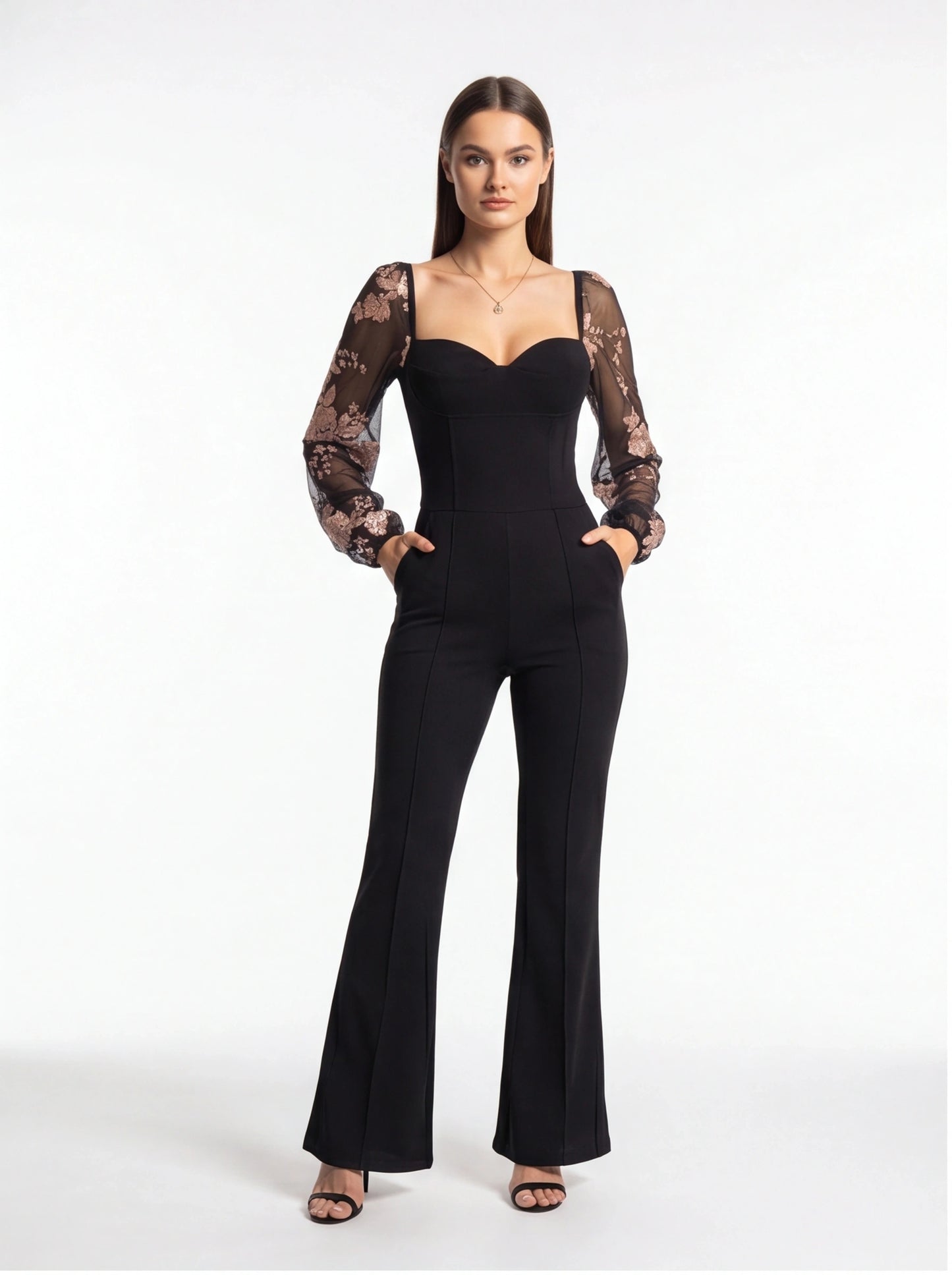 Elegant Flared Jumpsuit with Pockets and Adjustable Straps by Jamota One-Pieces Jumpsuits & Rompers
