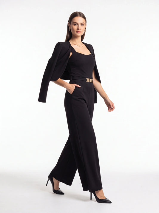 Women's Black Wide Leg Sleeveless Square Neck Jumpsuit with Pockets & Belt by Jamota Outfit Sets Women's Clothing
