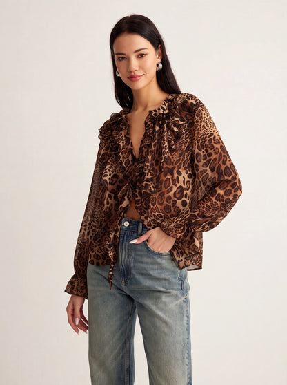 Elegant Lightweight Leopard Print Blouse with Short Sleeves & Breathab - Jamota