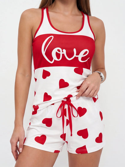 Jamota red and white heart-print pajamas with adjustable drawstring waist, sleeveless top and matching shorts.