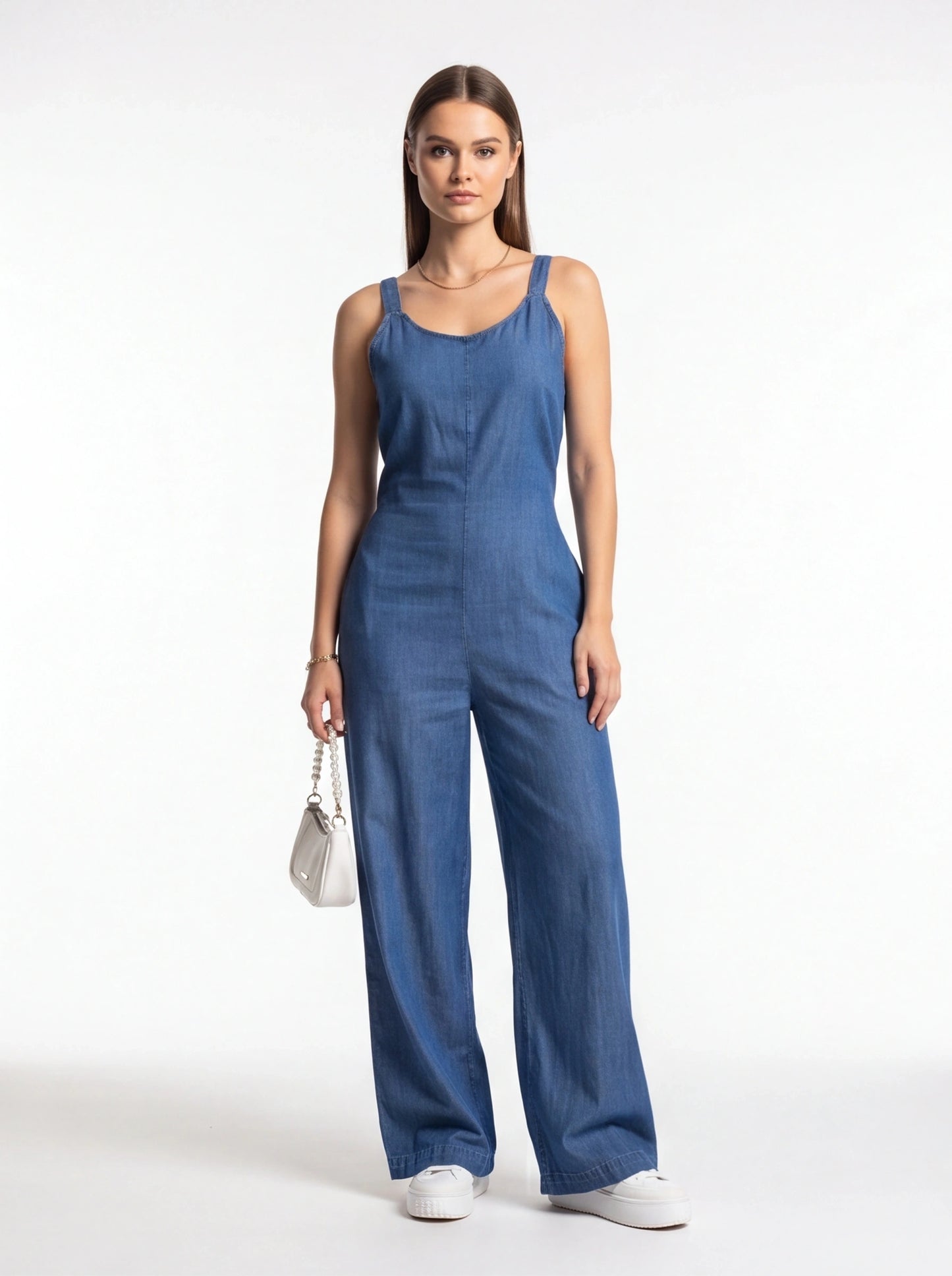 Wide-Leg Denim Jumpsuit with Adjustable Straps - Jamota