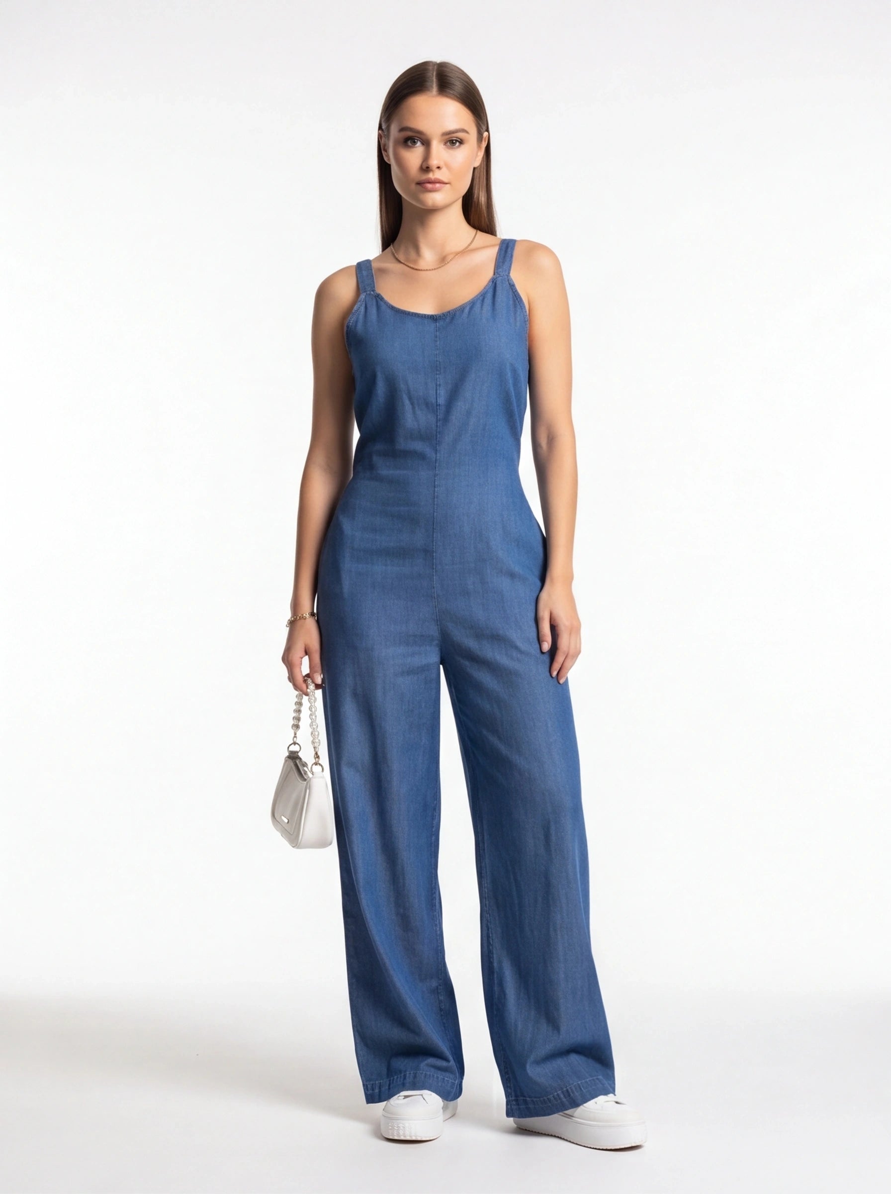 Wide-Leg Denim Jumpsuit with Adjustable Straps - Jamota